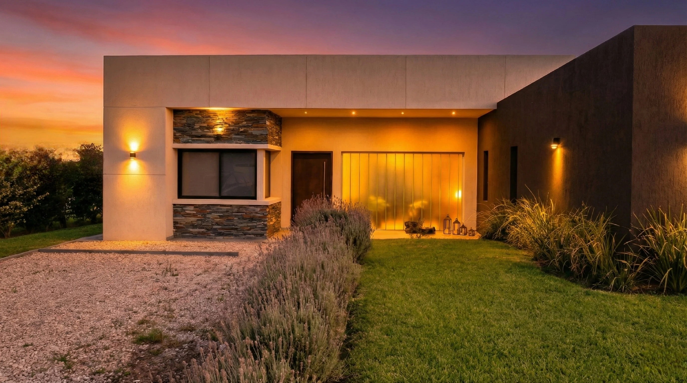 Fachada de La Folixa al atardecer con iluminación nocturna